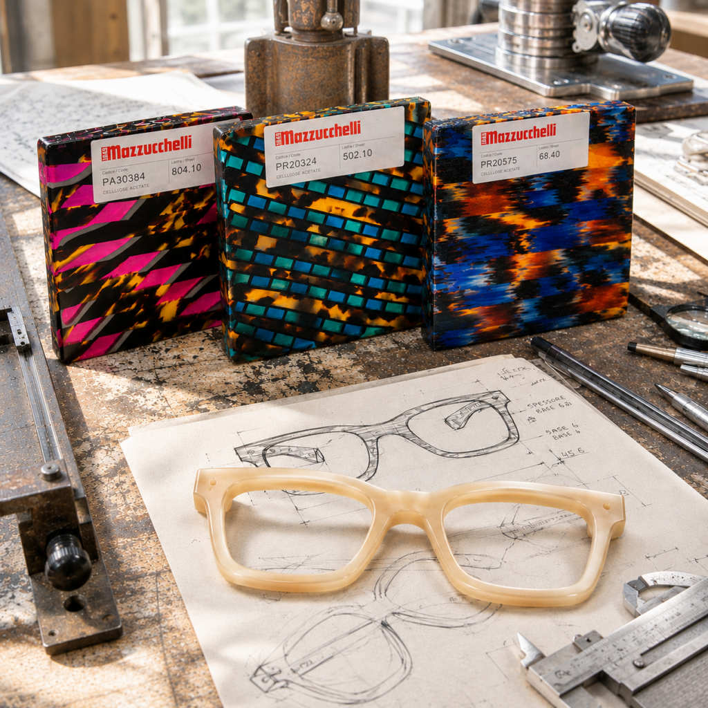 Colourful acetate blocks and an eyewear frame on a workshop bench